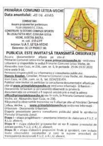 Solicitare postare anunt informarea publicului privind consultarea publicului PUZ site Primaria Letea Veche